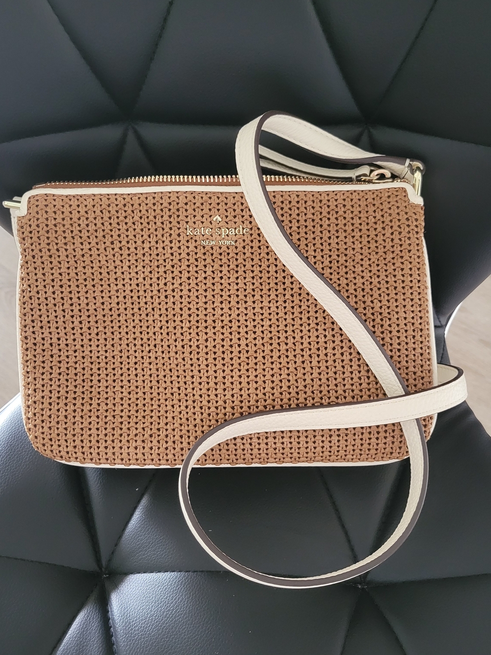 kate spade Tan Woven Crossbody with Cream Strap and Gold Accents